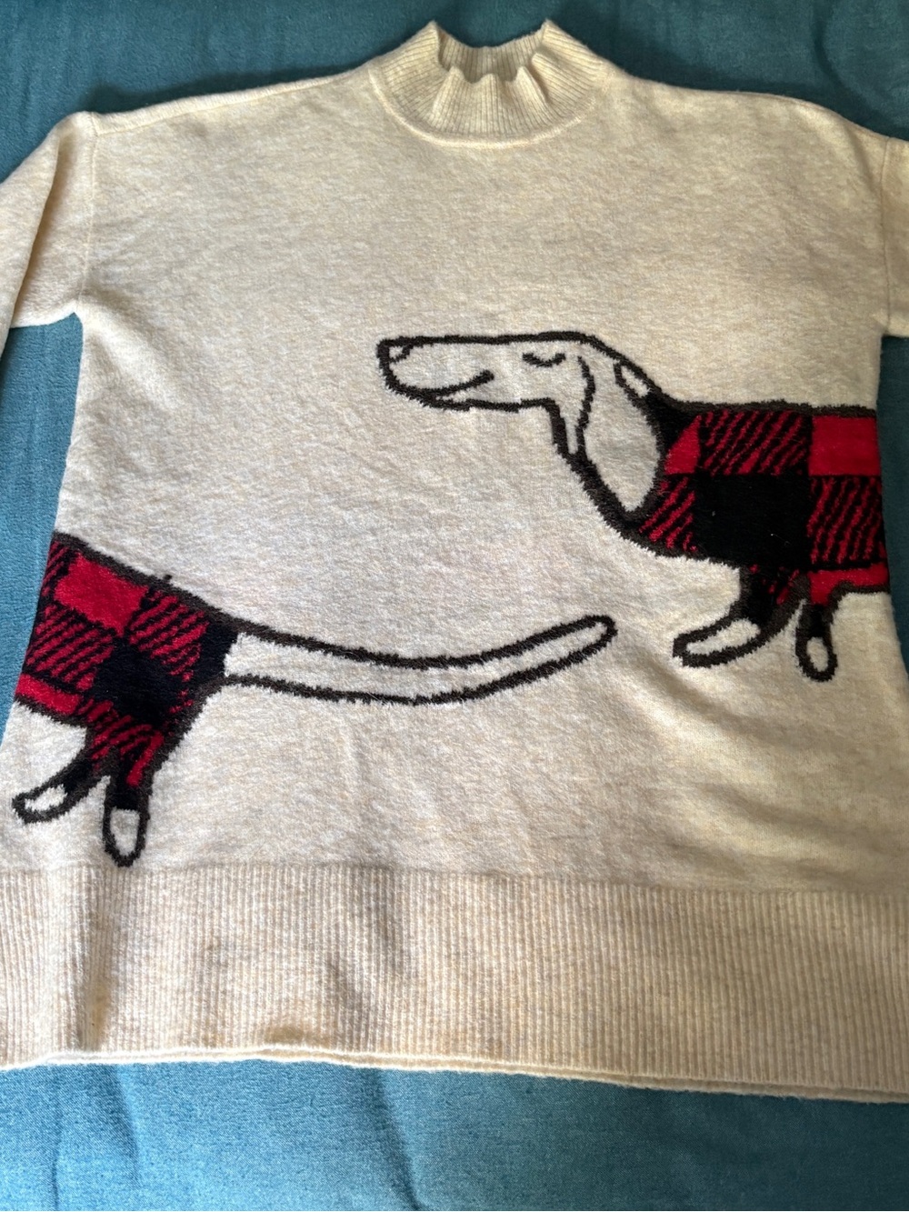 LOFT Cream Sweater with Red & Black Buffalo Check Dogs